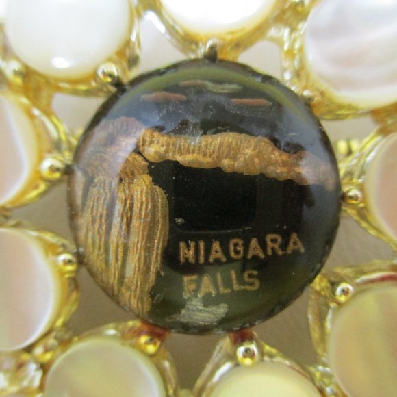 Niagra Falls Reverse Glass Rhinestones Mother Of Pearl Brooch - Picture 2 of 8